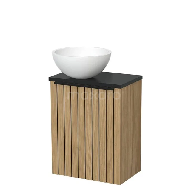 Toilet furniture with wash basin | 41 cm Natural veneer Strip front Matte white Solid surface wash basin Matte black worktop TMK10-16049