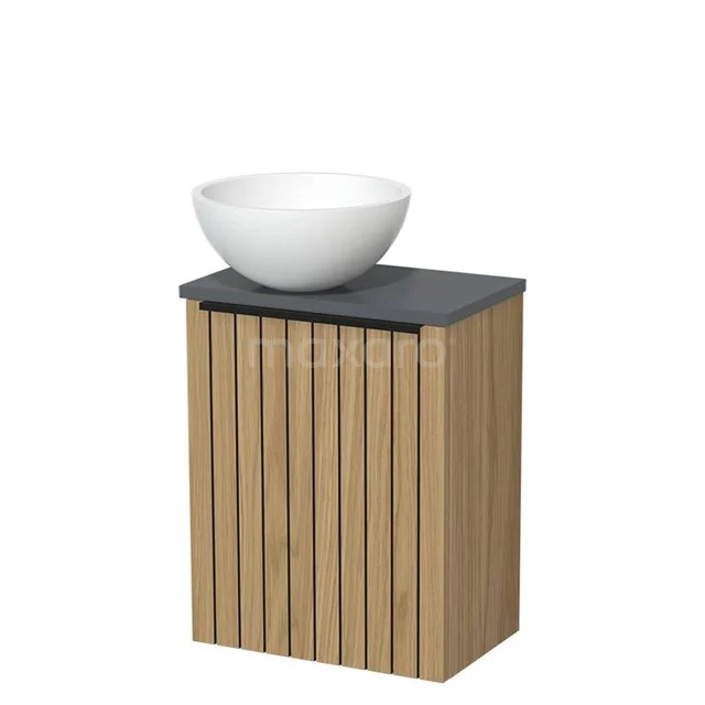 Toilet furniture with countertop wash basin | 41 cm Natural veneer Strip front Matte white Solid surface countertop wash basins Dark grey worktop TMK10-16054