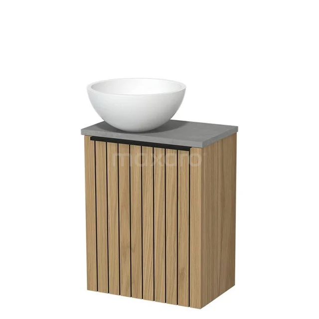 Toilet furniture with countertop wash basin | 41 cm Natural veneer Strip front Matte white Solid surface wash basins Light grey concrete worktop TMK10-16057