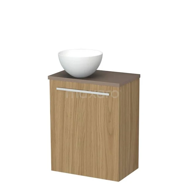 Toilet furniture with wash basin | 41 cm Natural veneer Flat front Matte white Solid surface wash basin Taupe worktop TMK10-16060