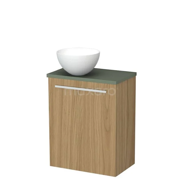 Toilet furniture with wash basin | 41 cm Natural veneer Flat front Matte white Solid surface wash basin Sage green worktop TMK10-16066