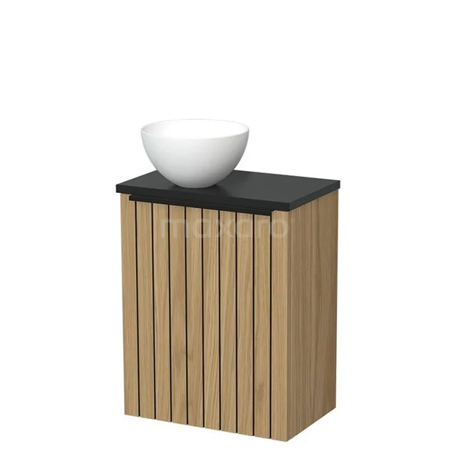 Toilet furniture with wash basin | 41 cm Natural veneer Strip front Matte white Solid surface wash basin Matte black worktop TMK10-16069
