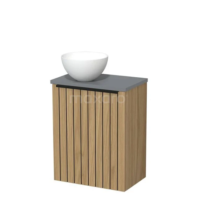 Toilet furniture with countertop wash basin | 41 cm Natural veneer Strip front Matte white Solid surface countertop wash basins Mid grey worktop TMK10-16071