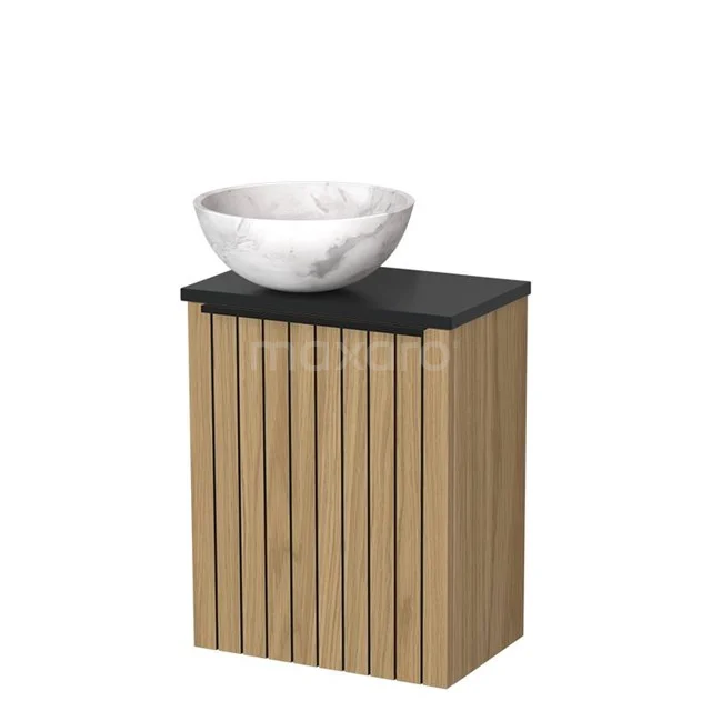 WC-Möbel mit Aufsatzwaschbecken | 41 cm Front aus Naturfurnier Streifen Weißer Marmor Aufsatzwaschbecken aus Naturstein Matt Schwarz TMK10-16089