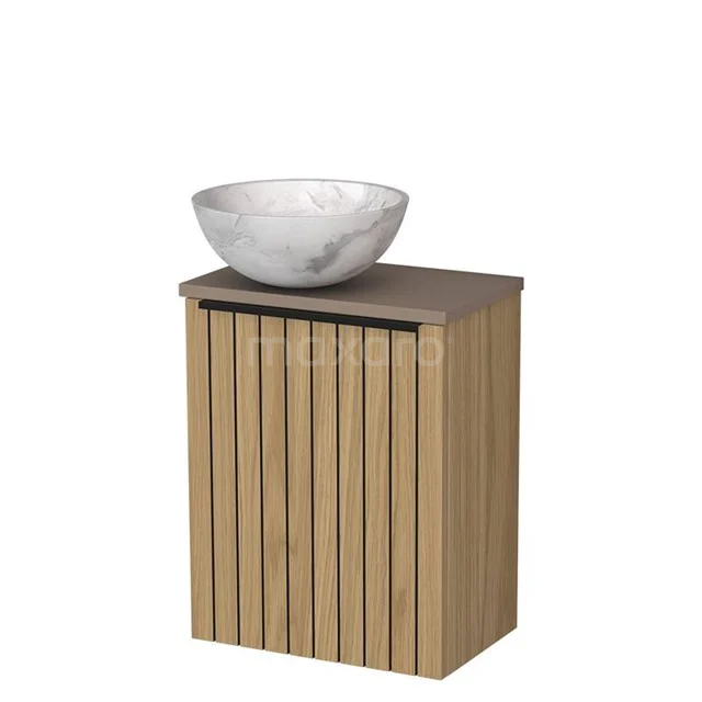 WC-Möbel mit Aufsatzwaschbecken | 41 cm Naturfurnier Streifenfront Weißer Marmor Naturstein-Aufsatzwaschbecken Taupe Platte TMK10-16090