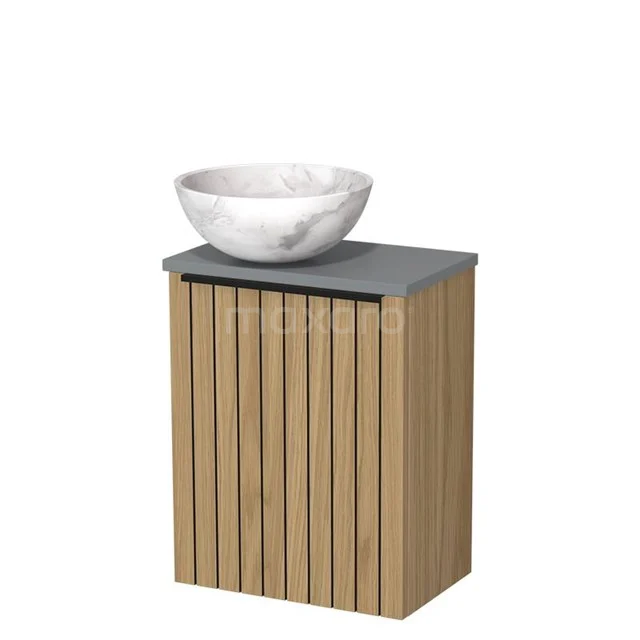 WC-Möbel mit Aufsatzwaschbecken | 41 cm Naturfurnier Streifenfront Weißer Marmor Naturstein-Aufsatzwaschbecken Mittelgraue Platte TMK10-16091