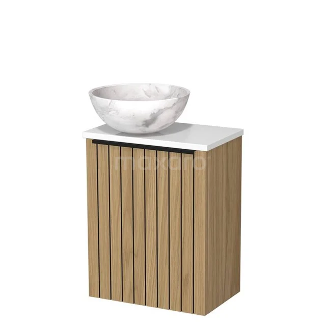 Toilet furniture with countertop wash basin | 41 cm Natural veneer Strip front White marble Natural stone countertop wash basins High-gloss white worktop TMK10-16092