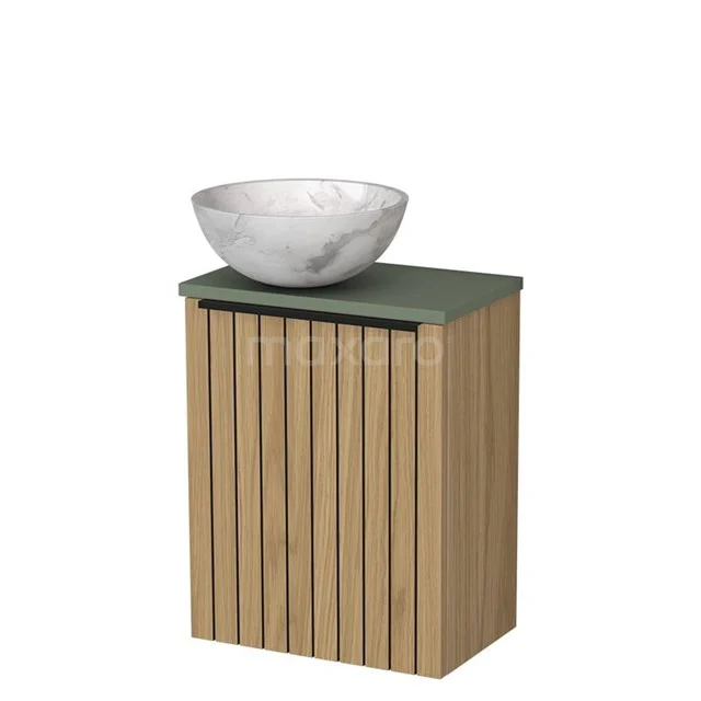WC-Möbel mit Aufsatzwaschbecken | 41 cm Naturfurnier Leistenfront Weißer Marmor Naturstein-Aufsatzwaschbecken Salbeigrün TMK10-16096