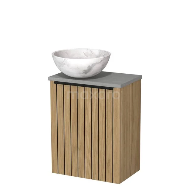 WC-Möbel mit Aufsatzwaschbecken | 41 cm Naturfurnier Streifenfront Weißer Marmor Naturstein-Aufsatzwaschbecken Hellgrauer Beton Platte TMK10-16097