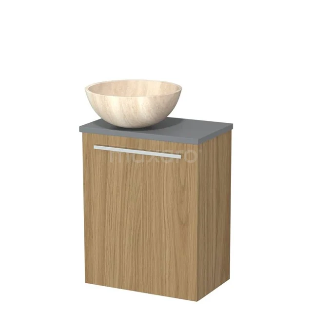 Toilet furniture with wash basin | 41 cm Natural veneer Flat front Travertine Natural stone countertop wash basins Mid grey worktop TMK10-16101
