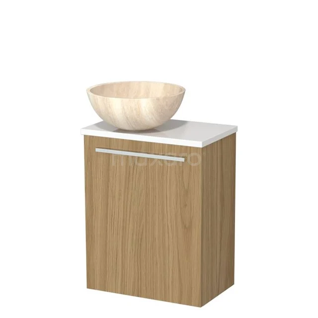Toilet furniture with wash basin | 41 cm Natural veneer Flat front Travertine Natural stone countertop wash basin High-gloss white worktop TMK10-16102