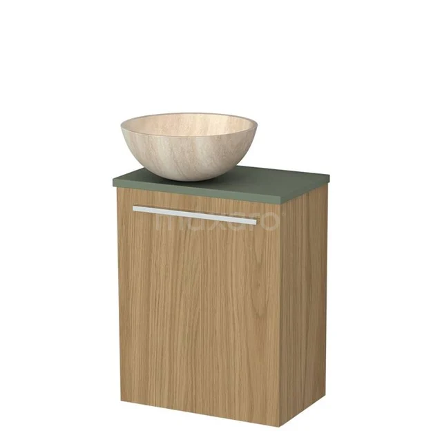 Toilet furniture with wash basin | 41 cm Natural veneer Flat front Travertine Natural stone countertop wash basin Sage green worktop TMK10-16106