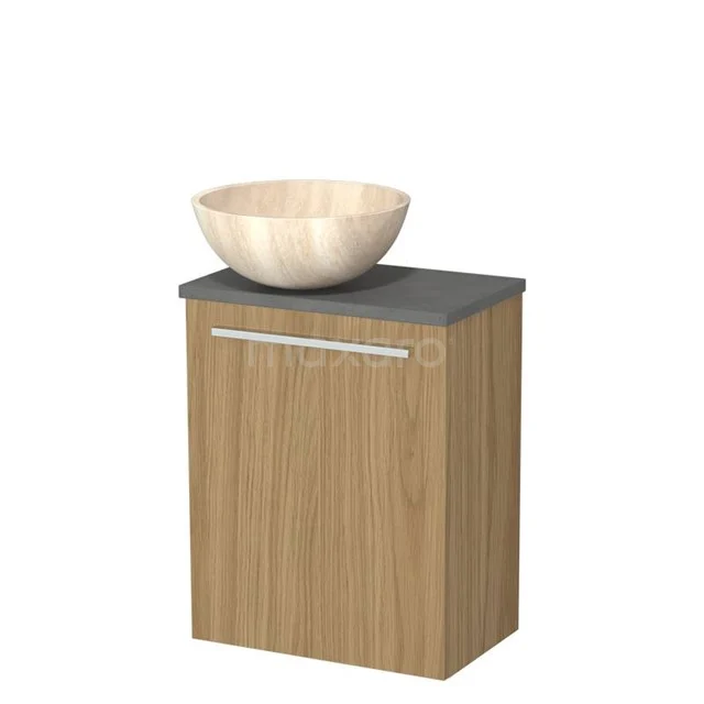 Toilet furniture with wash basin | 41 cm Natural veneer Flat front Travertine Natural stone countertop wash basin Dark grey concrete worktop TMK10-16108