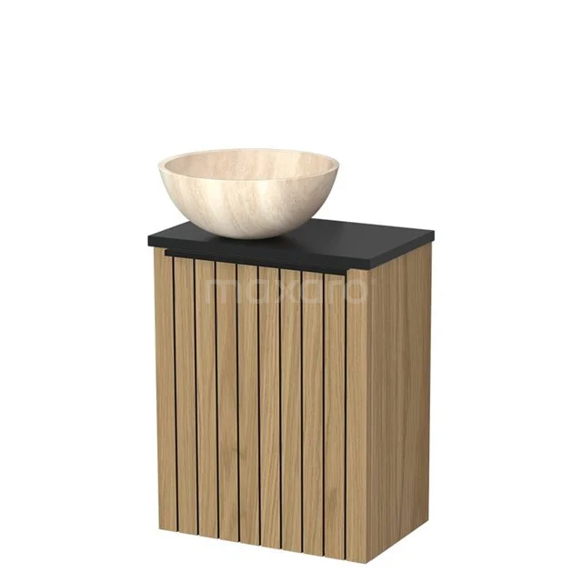 Toilet furniture with wash basin | 41 cm Natural veneer Strip front Travertine Natural stone countertop wash basin Matte black worktop TMK10-16109