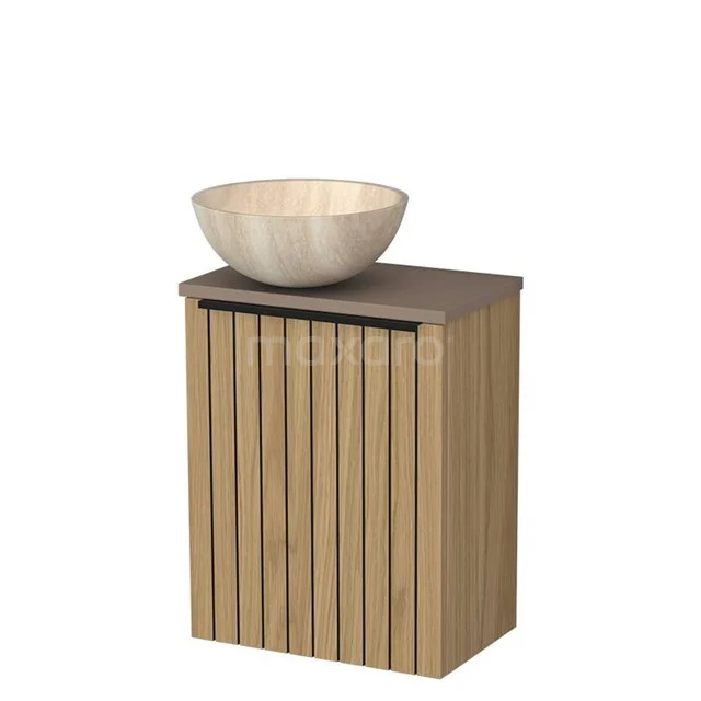 WC-Möbel mit Aufsatzwaschbecken | 41 cm Naturfurnier Leistenfront Travertin Naturstein Aufsatzwaschbecken Taupe Platte TMK10-16110