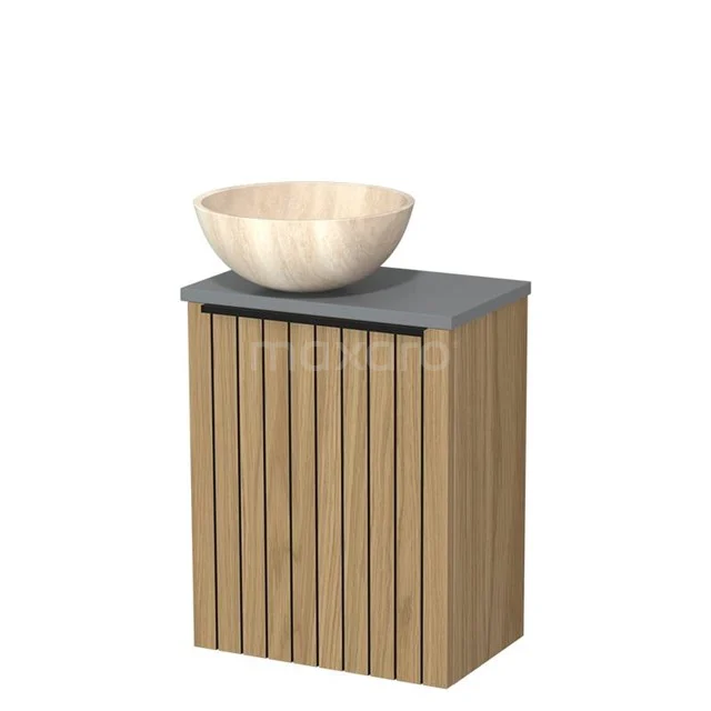 Toilet furniture with wash basin | 41 cm Natural veneer Strip front Travertine Natural stone countertop wash basins Mid grey worktop TMK10-16111