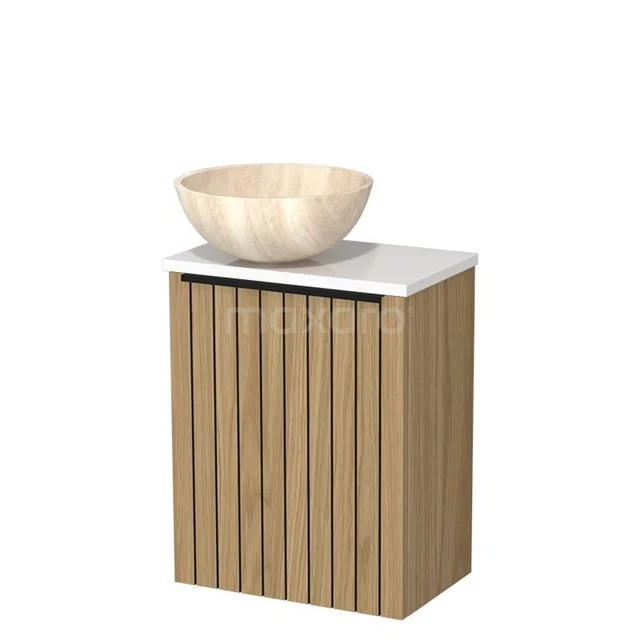 Toilet furniture with countertop wash basin | 41 cm Natural veneer Strip front Travertine Natural stone countertop wash basins High-gloss white worktop TMK10-16112