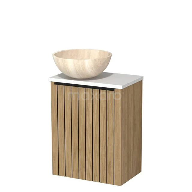 Toilet furniture with countertop wash basin | 41 cm Natural veneer Strip front Travertine Natural stone countertop wash basins Matte white worktop TMK10-16113