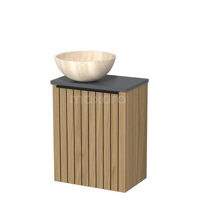 Toilet furniture with countertop wash basin | 41 cm Natural veneer Strip front Travertine Natural stone countertop wash basins Dark grey worktop TMK10-16114