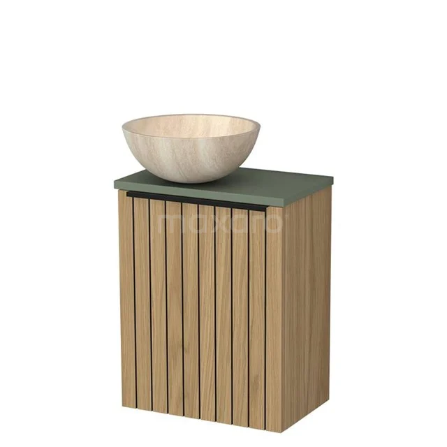 Toilet furniture with countertop wash basin | 41 cm Natural veneer Strip front Travertine Natural stone countertop wash basins Sage green worktop TMK10-16116