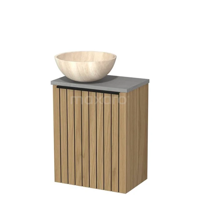 Toilet furniture with countertop wash basin | 41 cm Natural veneer Strip front Travertine Natural stone countertop wash basins Light grey concrete worktop TMK10-16117
