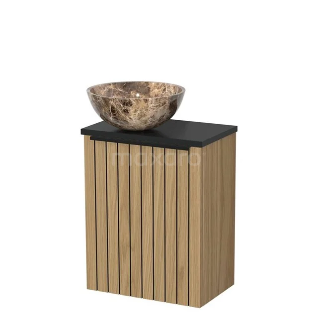 WC-Möbel mit Aufsatzwaschbecken | 41 cm Natürliches Furnier Streifenfront Dunkles Emperador Naturstein-Aufsatzwaschbecken Matt Schwarz Platte TMK10-16129 WC-Möbel mit Aufsatzwaschbecken | 41 cm Natürliches Furnier Streifenfront Dunkles Emperador Naturstein-Aufsatzwaschbecken Matt Schwarz Platte TMK10-16129