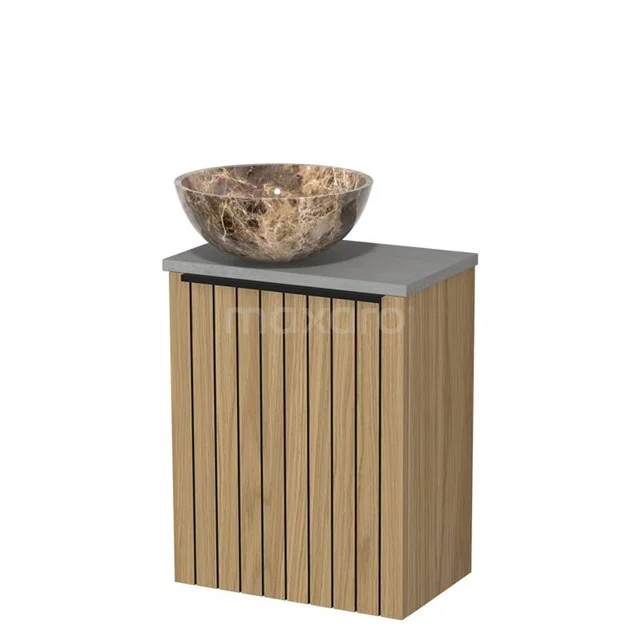 Toilet furniture with countertop wash basin | 41 cm Natural veneer Strip front Dark emperador Natural stone countertop wash basins Light grey concrete worktop TMK10-16137