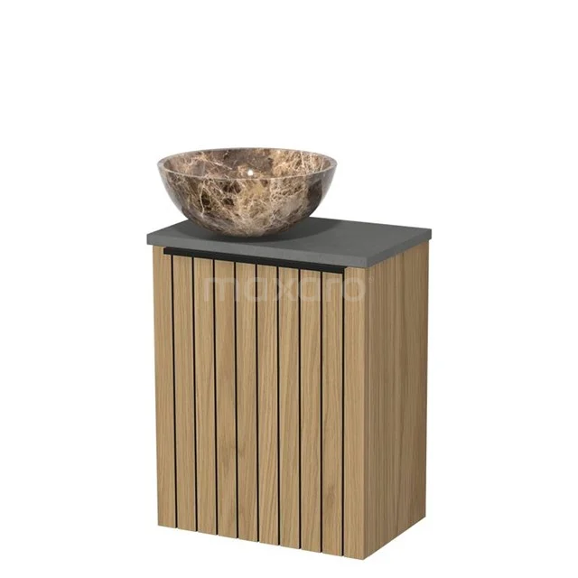 Toilet furniture with wash basin | 41 cm Natural veneer Strip front Dark emperador Natural stone countertop wash basins Dark grey concrete worktop TMK10-16138