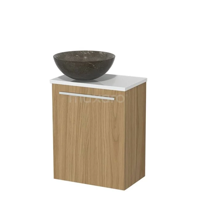 WC-Möbel mit Aufsatzwaschbecken | 41 cm Naturfurnier glatte Front Blaustein Naturstein-Aufsatzwaschbecken Hochglanz Weiß Platte TMK10-16142