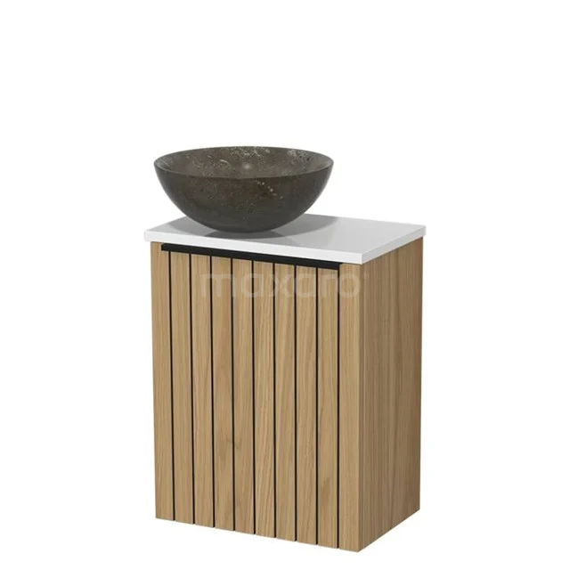 Toilet furniture with countertop wash basin | 41 cm Natural veneer Strip front Blue stone Natural stone countertop wash basins High-gloss white worktop TMK10-16152