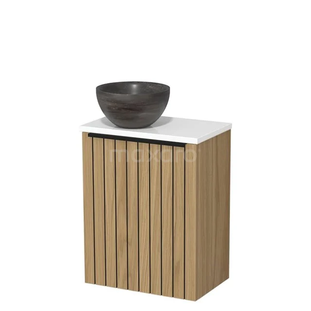 Toilet furniture with countertop wash basin | 41 cm Natural veneer Strip front Blue stone Natural stone countertop wash basins High-gloss white worktop TMK10-16172