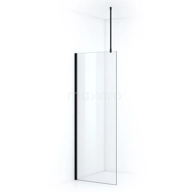 Glass shower screen with minimalist design, clear glass and black profile, ideal for a modern bathroom.