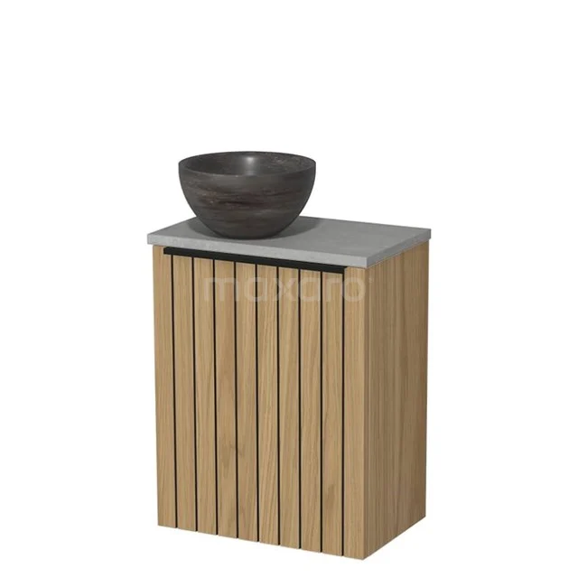 Toilet furniture with countertop wash basin | 41 cm Natural veneer Strip front Blue stone Natural stone countertop wash basins Light grey concrete worktop TMK10-16177