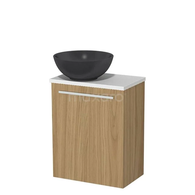 Toilet furniture with wash basin | 41 cm Natural veneer Flat front Matte black Quartz countertop wash basins Matte white worktop TMK10-16183