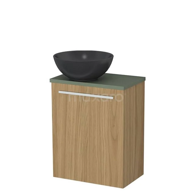 Toilet furniture with wash basin | 41 cm Natural veneer Flat front Matte black Quartz countertop wash basins Sage green worktop TMK10-16186