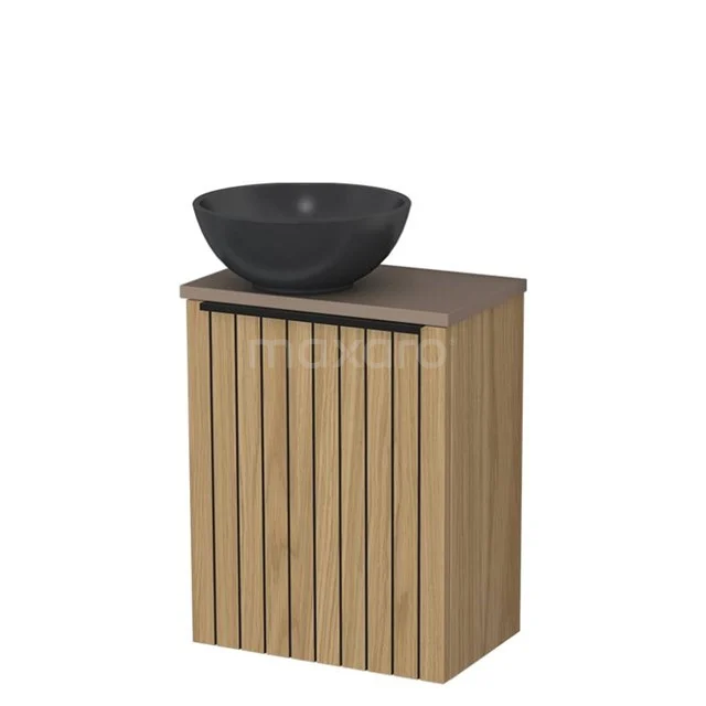 Toilet furniture with wash basin | 41 cm Natural veneer Strip front Matte black Quartz countertop wash basins Taupe worktop TMK10-16190