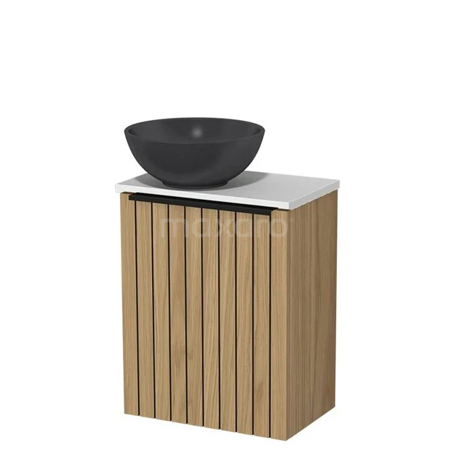 Toilet furniture with wash basin | 41 cm Natural veneer Strip front Matte black Quartz countertop wash basins High-gloss white worktop TMK10-16192