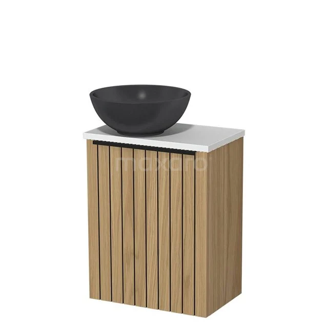 Toilet furniture with wash basin | 41 cm Natural veneer Strip front Matte black Quartz countertop wash basins Matte white worktop TMK10-16193