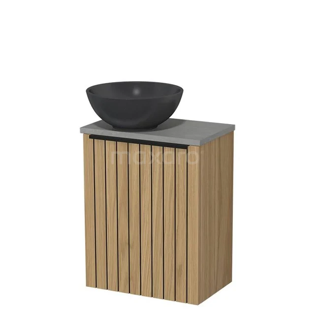 Toilet furniture with countertop wash basin | 41 cm Natural veneer Strip front Matte black Quartz countertop wash basins Light grey concrete worktop TMK10-16197