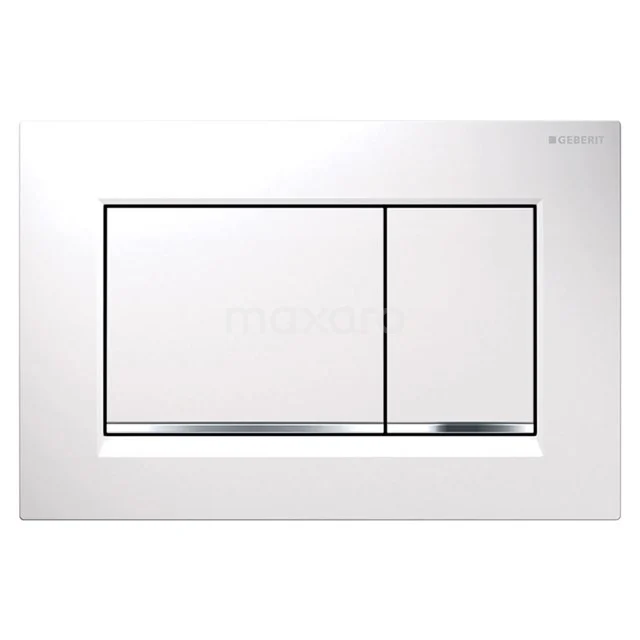 Weiße Betätigungsplatte mit zwei rechteckigen Druckknöpfen, glänzende Oberfläche, ideal für moderne Badezimmerstile.