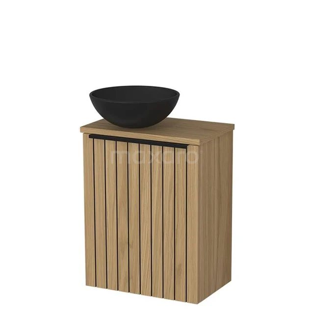 Toilet furniture with countertop wash basin | 41 cm Natural veneer Strip front Matte black Ceramic countertop wash basins Natural veneer worktop TMK10-16214