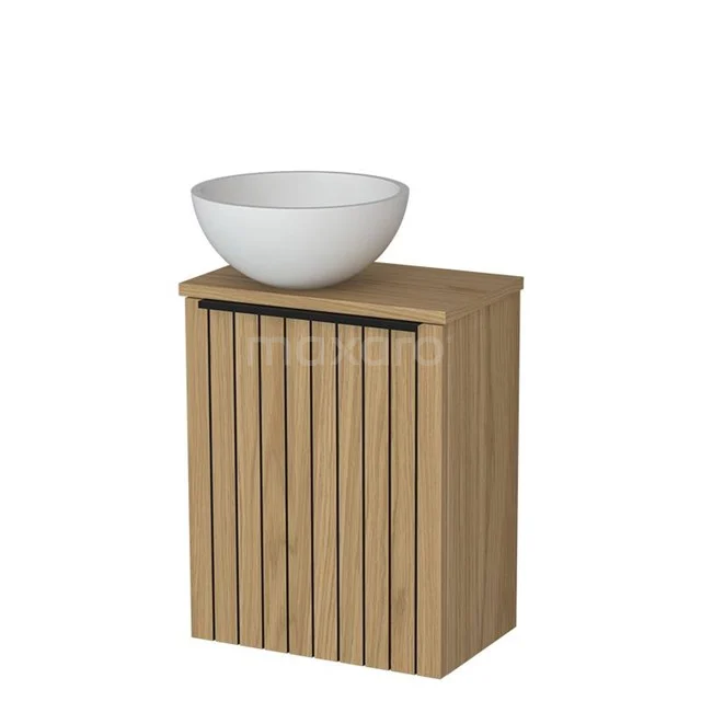 Toilet furniture with wash basin | 41 cm Natural veneer Strip front Matte white Solidtop wash basins Solid surface worktop Natural veneer worktop TMK10-16217