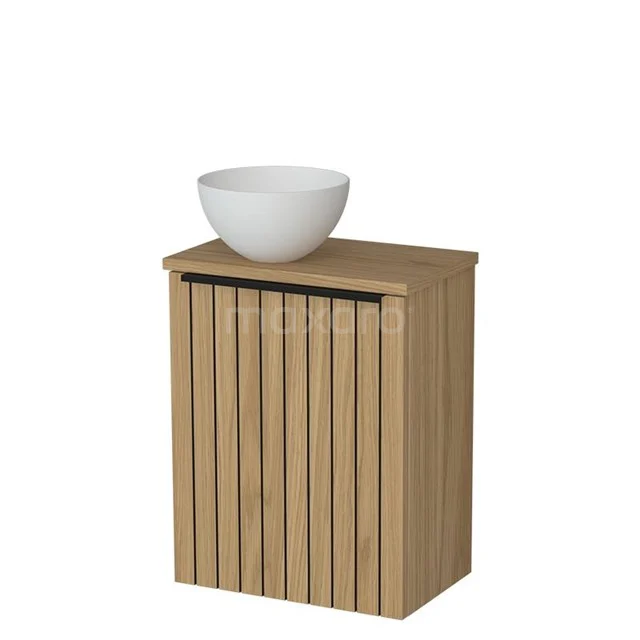 Toilet furniture with wash basin | 41 cm Natural veneer Strip front Matte white Solidtop wash basins Solid surface worktop Natural veneer worktop TMK10-16218
