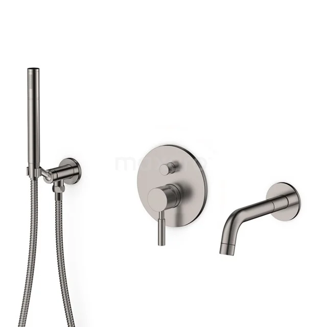 Matte Nickel Einbau Badewannenarmaturset mit minimalistischem Design, runden Drehknöpfen und schlanker Handbrause für modernen Badezimmerstil.