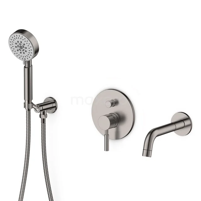 Matt stainless steel shower set with handheld shower, wall-mounted tap and recessed thermostat; modern design for bathroom use.