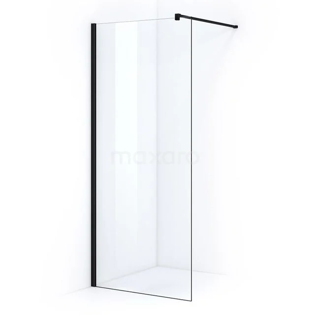 Shower screen with clear glass, black profile and minimalist design. Perfect for a modern bathroom style.