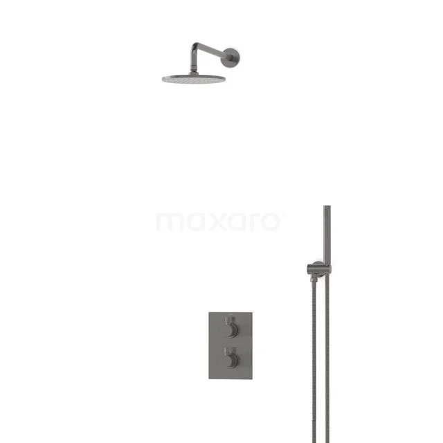 Einbau-Regenbrausegarnitur Radius Schwarz Stahl, Thermostatarmatur, 20cm Kopfbrause, Schwarzes Metall BIM55-00005