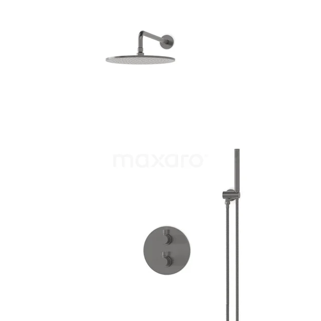 Einbau-Regenbrausegarnitur Radius Schwarz Stahl, Thermostatarmatur, 30cm Kopfbrause, Schwarzes Metall BIM55-00009