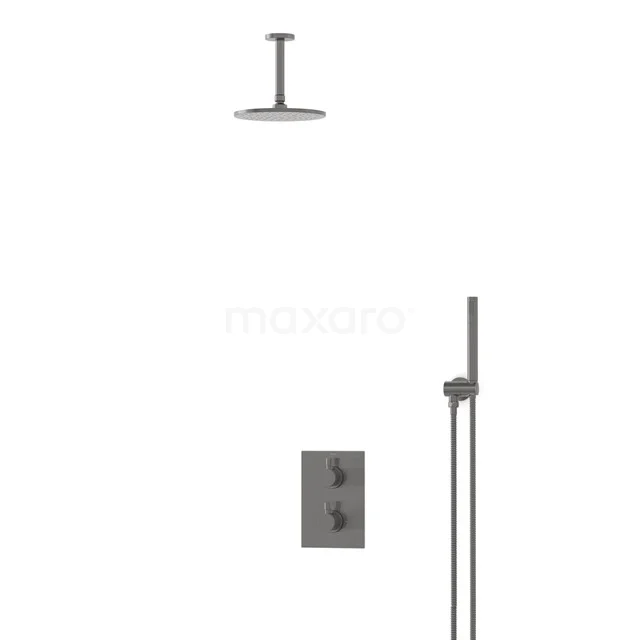 Einbau-Regenbrausegarnitur Radius Schwarz Stahl, Thermostatarmatur, 20cm Kopfbrause, Schwarzes Metall BIM55-00013 Einbau-Regenbrausegarnitur Radius Schwarz Stahl, Thermostatarmatur, 20cm Kopfbrause, Schwarzes Metall BIM55-00013