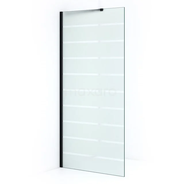 Pearl Walk-in shower | 90 cm Matte black Clear with matt stripes Fixed wall IPA09106M Modern shower screen made of clear glass with frosted white stripes, black profile and minimalist design for stylish bathrooms.